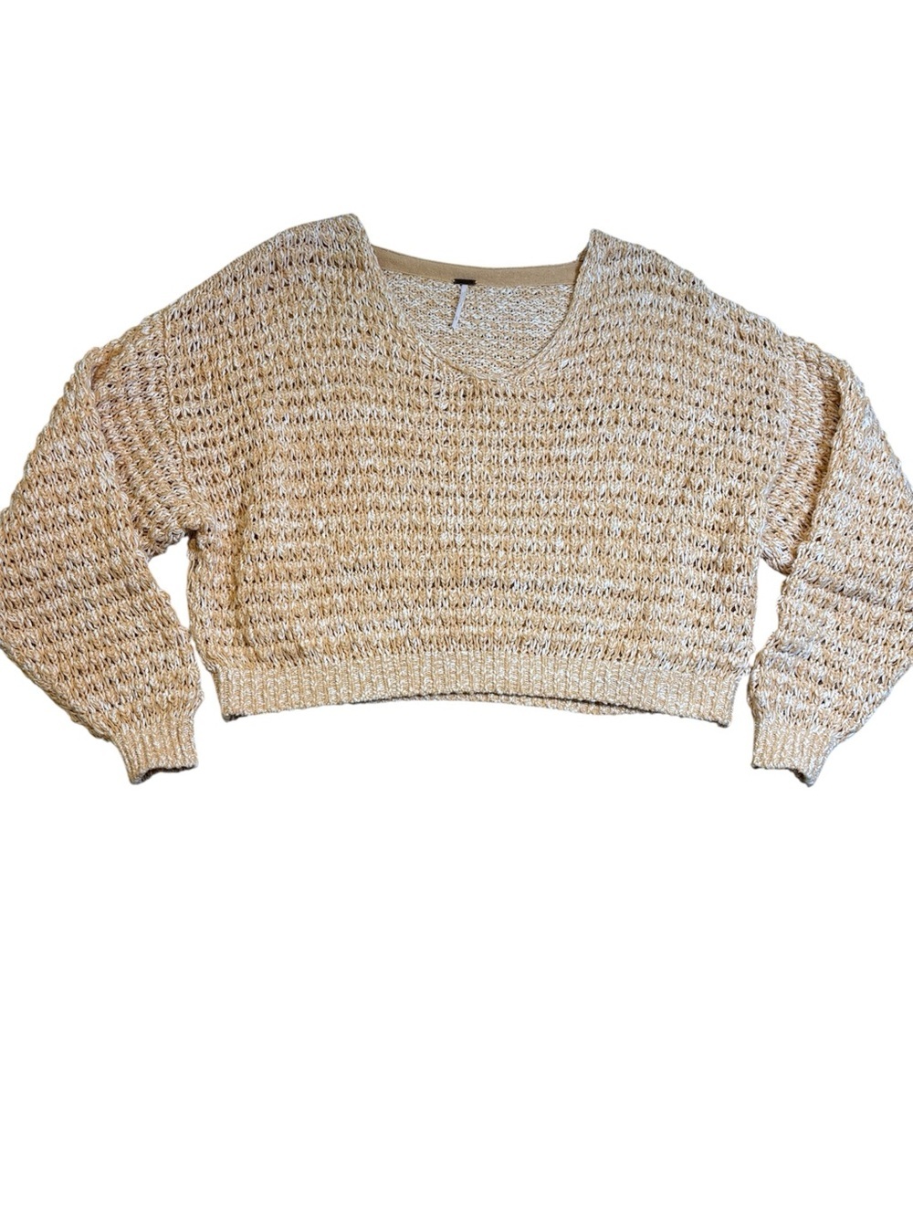 Free People Coconut V-Neck Open Knit Sweater Sandy Combo Tan Cream Small Boho - Picture 3 of 9